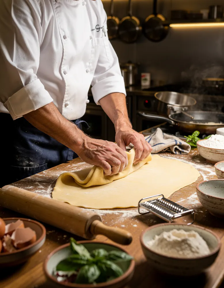hands kneading fresh pasta dough on a floured wooden countertop in a warm kitchen