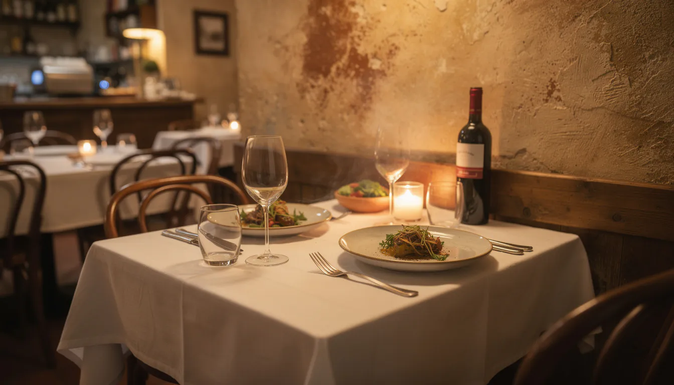 warm candlelit italian dining room with set tables wine glasses and soft evening light