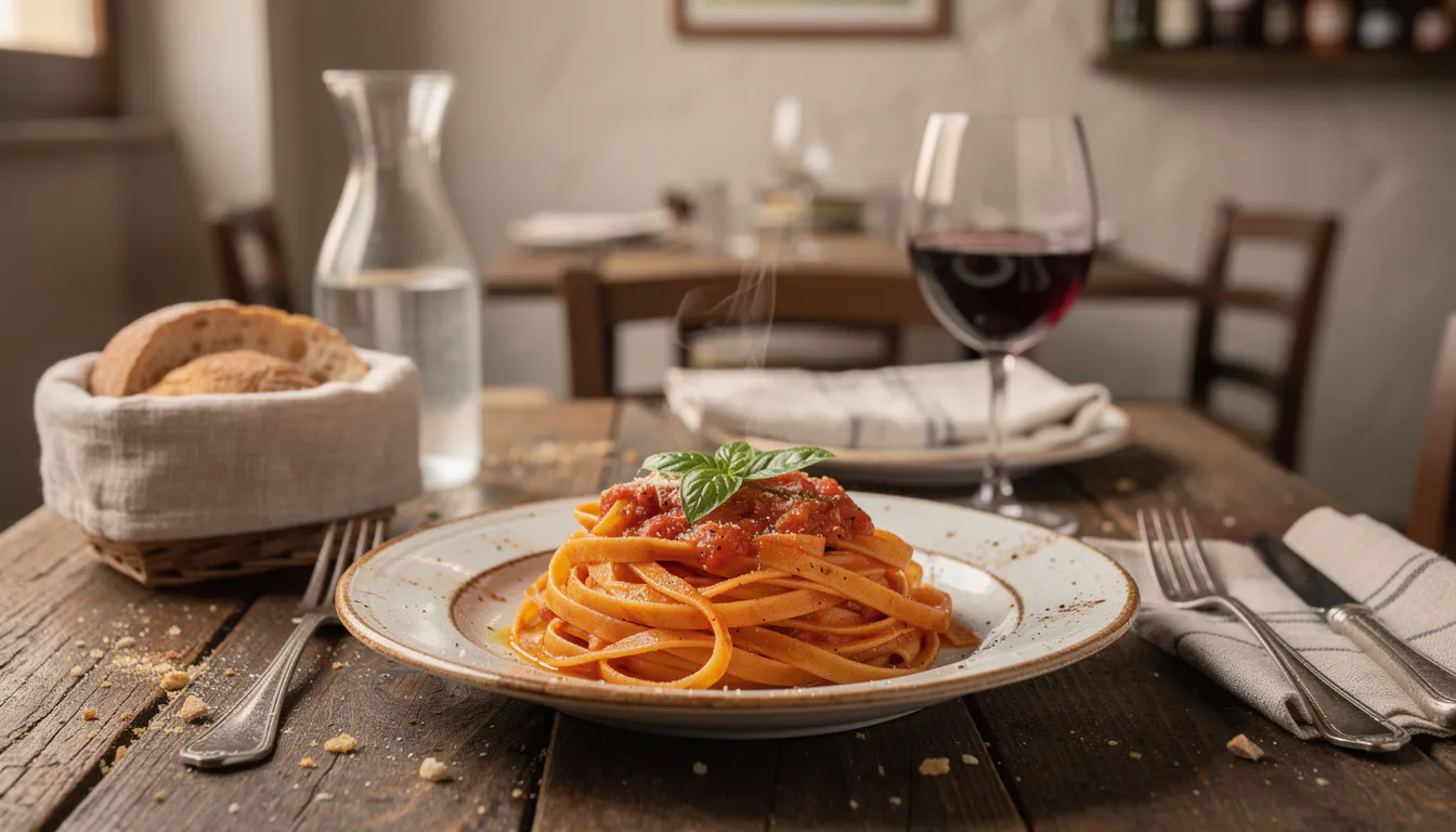 rustic italian table spread with pasta wine and bread in soft warm light