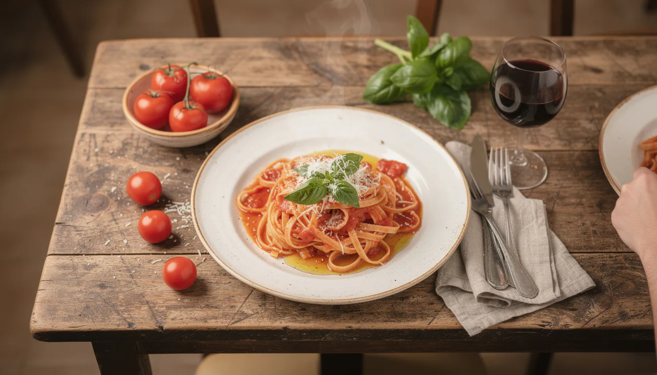 overhead shot of a rustic Italian table with fresh pasta, tomatoes, basil and a glass of red wine