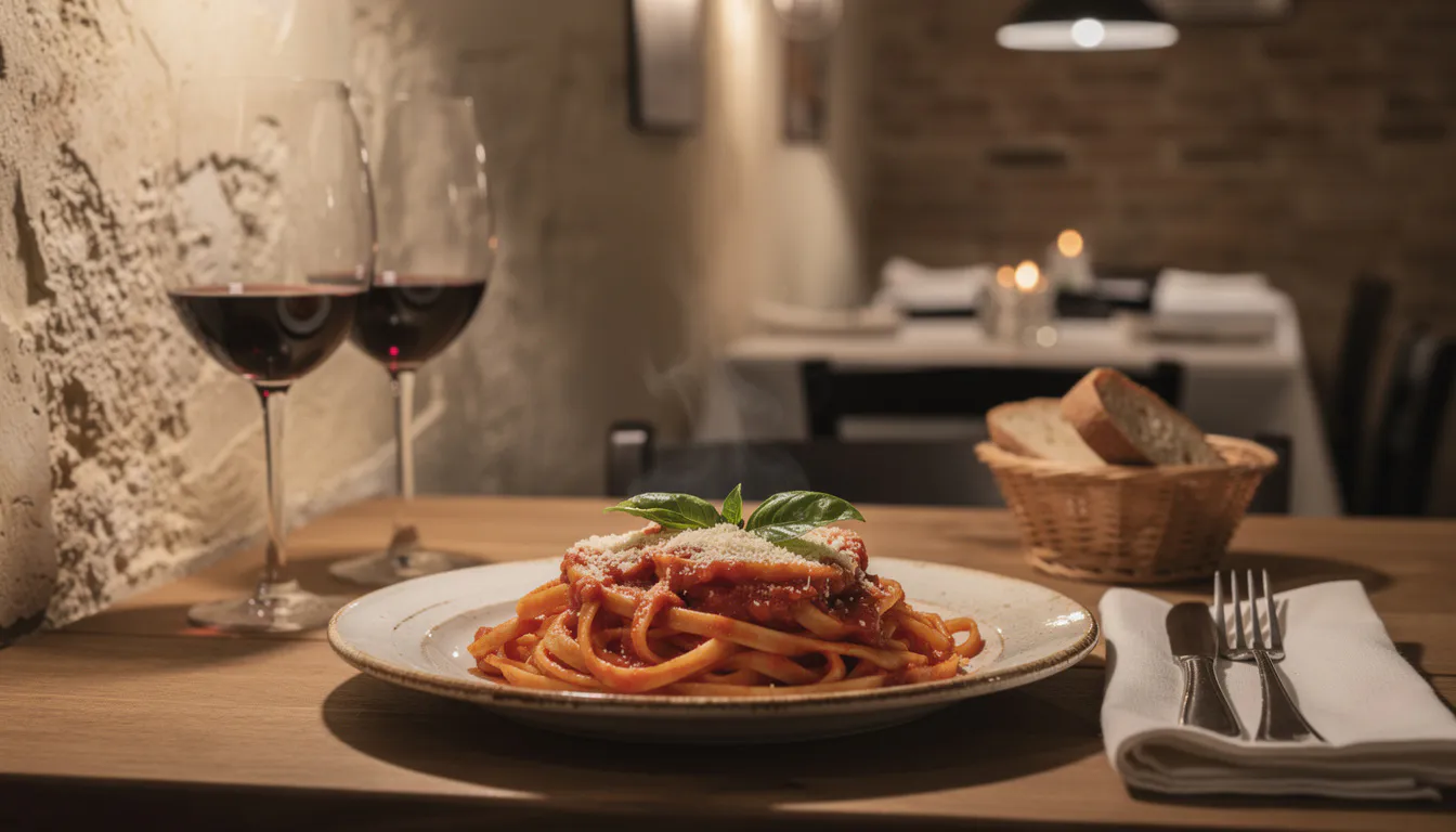 intimate candlelit Italian restaurant table set with wine glasses and fresh pasta