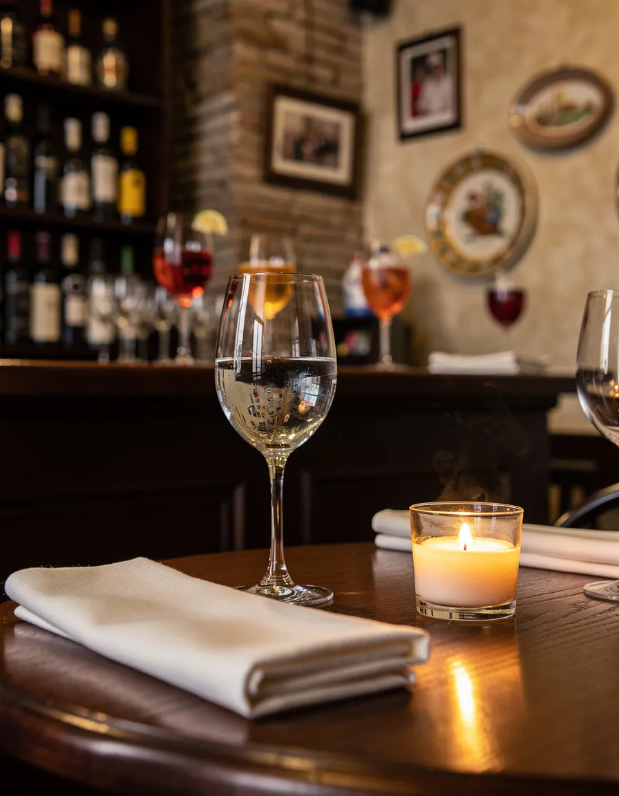 close-up of a set restaurant table with linen napkin wine glass and warm candlelight