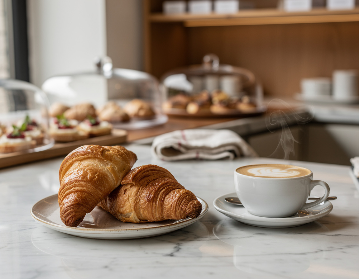 fresh croissants and a cappuccino on a marble counter with morning light, Italian cafe pastry display