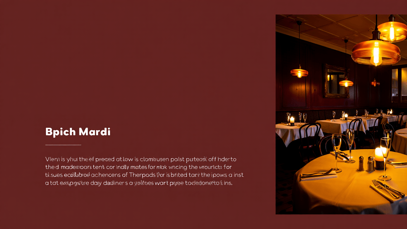 Warm interior of a cozy French bistro with dark wood panelling, amber pendant lights, and candlelit tables set for dinner