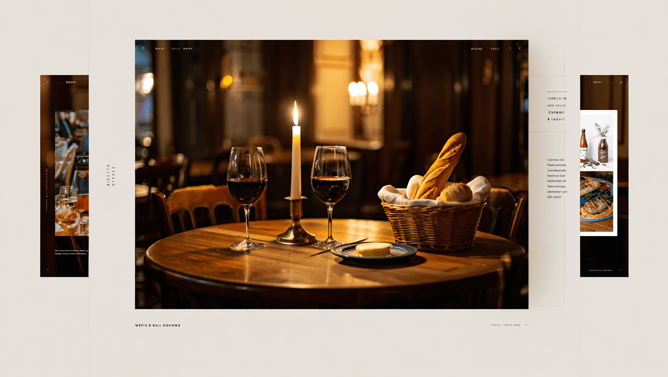 Intimate candlelit French bistro table with wine glasses, bread basket, and soft amber glow against dark wood
