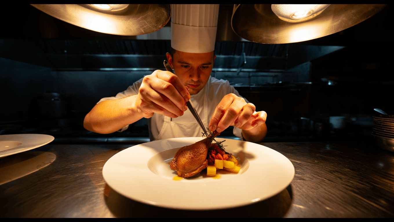 French chef in a dark kitchen carefully plating a classic dish with tweezers, warm light from the pass