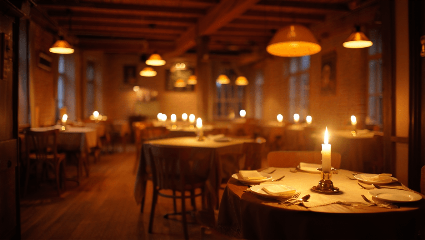 Warm French bistro dining room at night with candles flickering on set tables and amber glow from pendant lamps