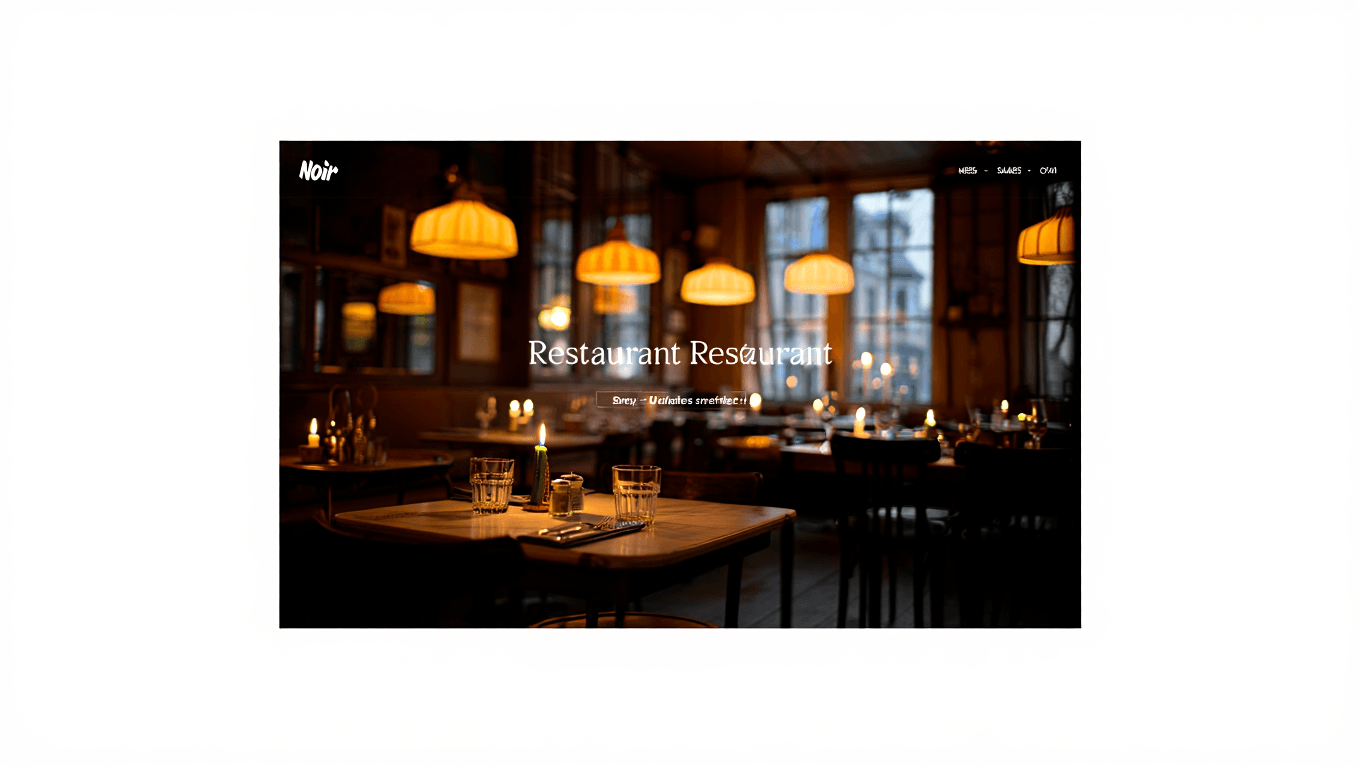 Warm candlelit French bistro interior at night with amber pendant lights, dark wood tables, and soft glow against the window