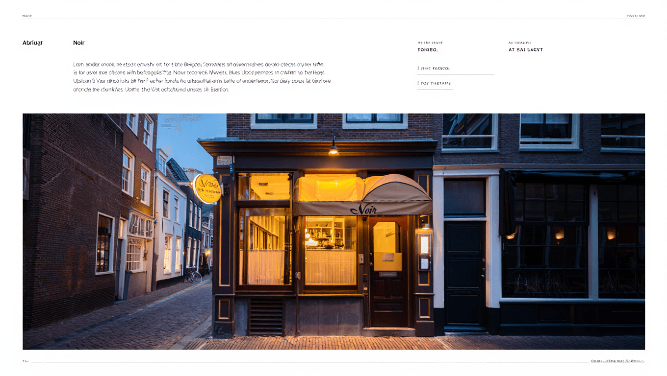 Charming French bistro storefront in Utrecht at dusk with a warm glowing entrance and small awning