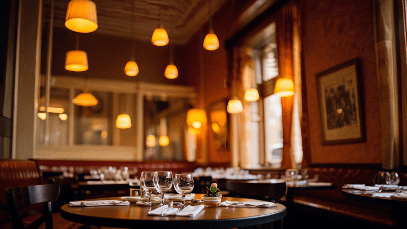 Intimate French bistro dining room glowing with warm amber pendant lights over dark wood tables