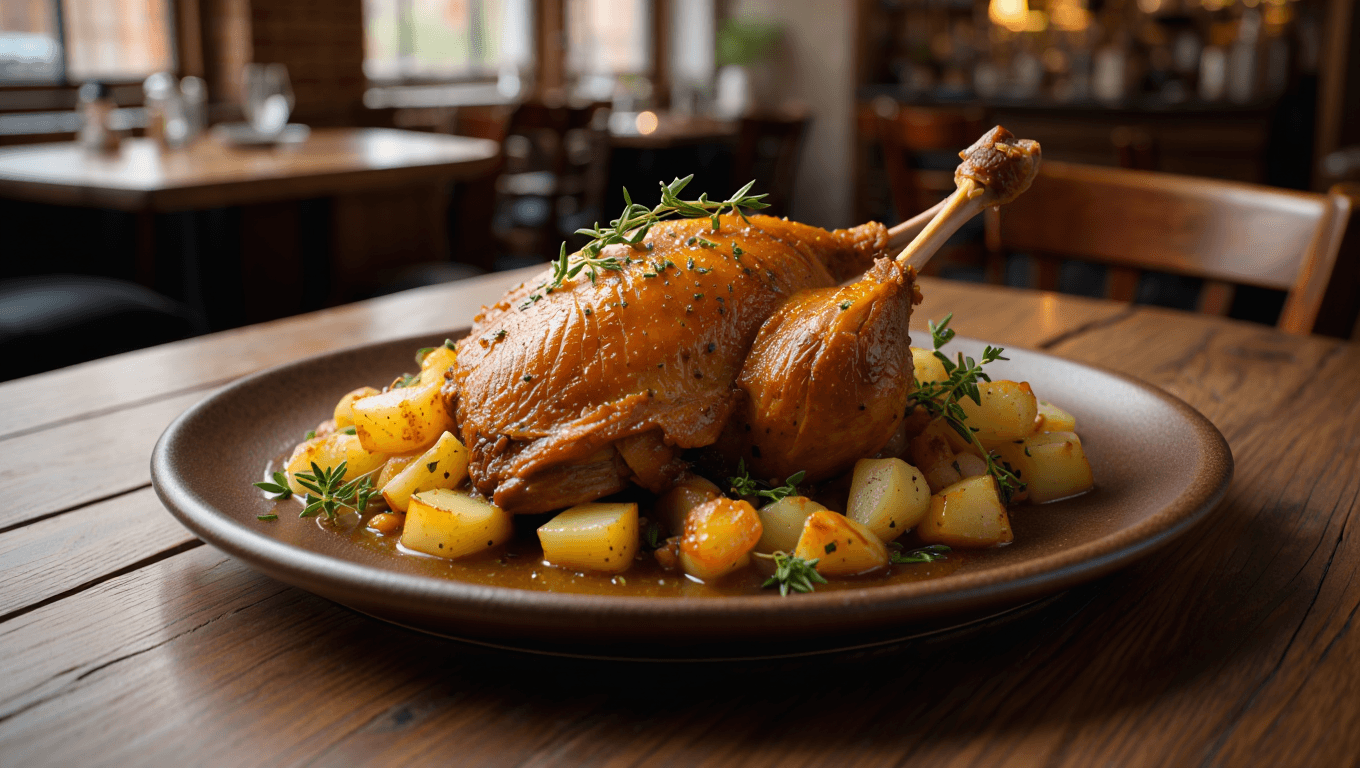 Golden duck confit on a warm plate with sautéed potatoes and fresh thyme