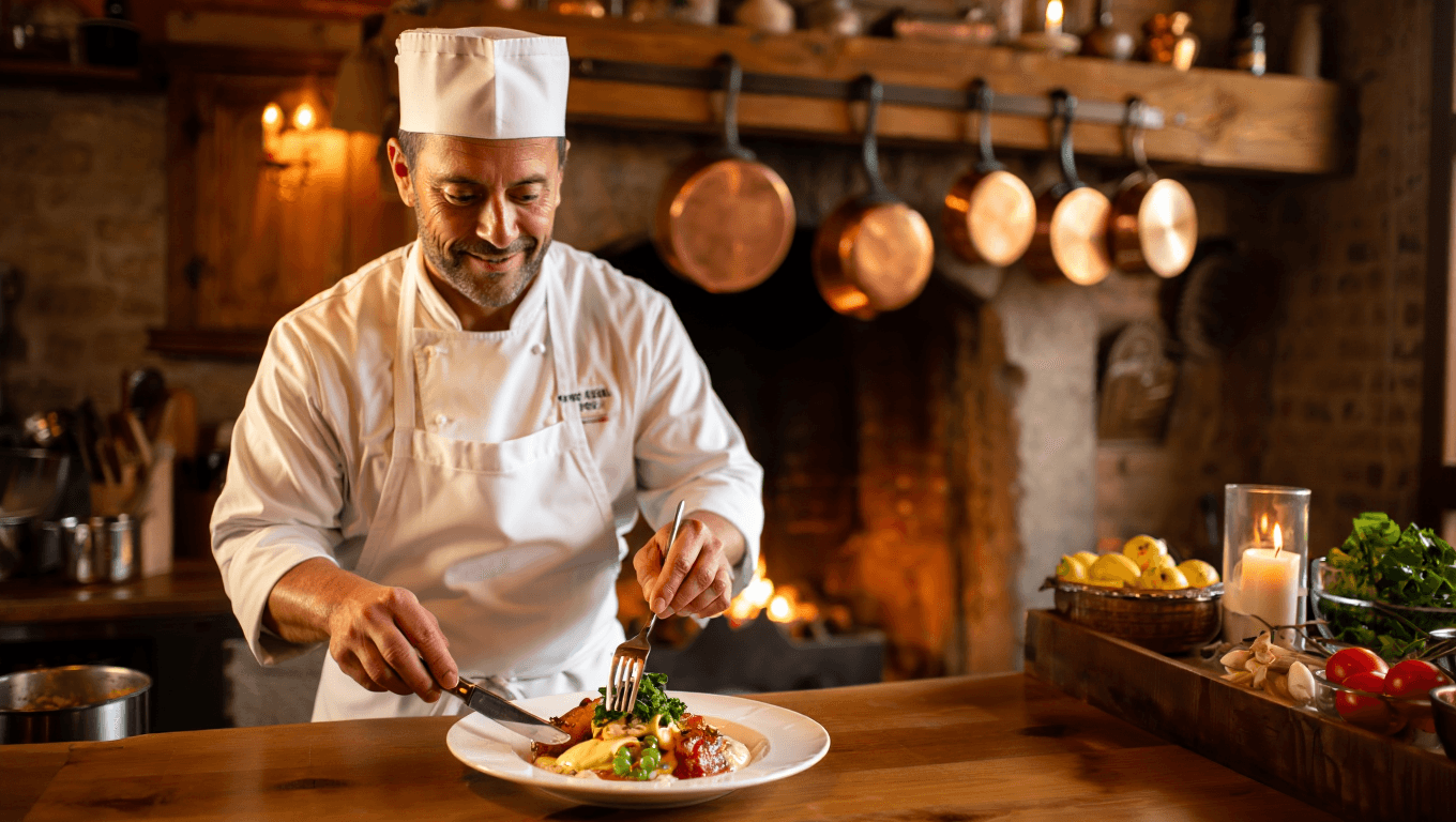French chef plating a dish in a candlelit bistro kitchen with copper pots hanging above