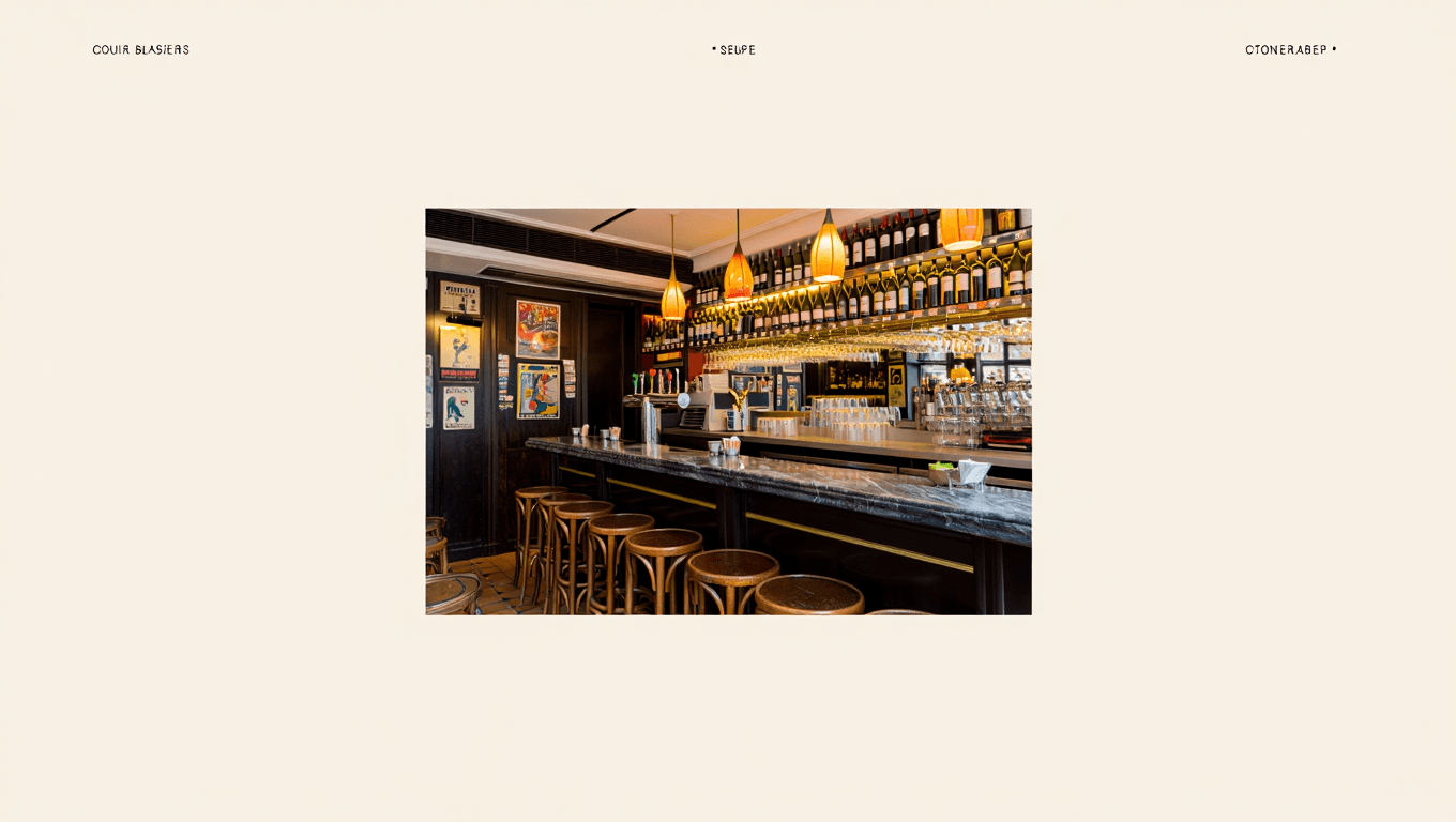 Cozy bistro bar with backlit wine shelves, amber pendant lights, and rows of French wine bottles