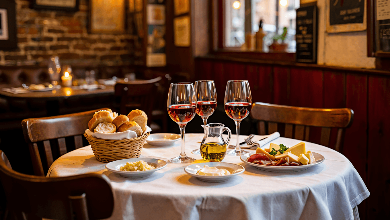 Candlelit French bistro table set with wine glasses, bread, and soft amber light in the evening