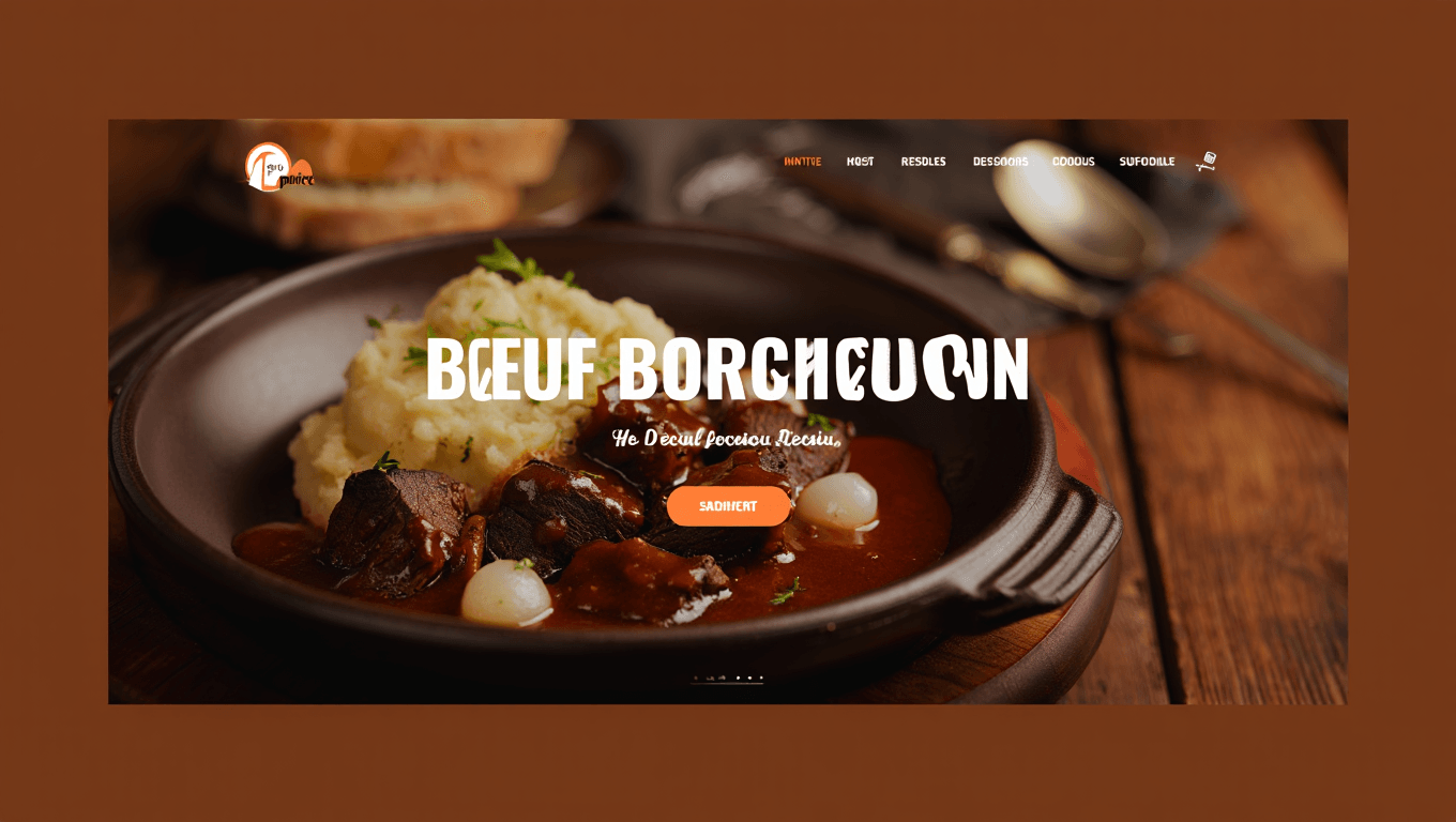 Rich beef bourguignon in a dark earthenware bowl with glossy red wine sauce, pearl onions, and mashed celeriac