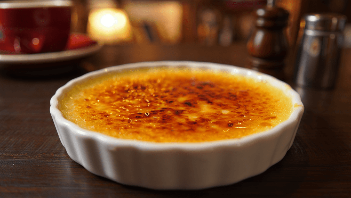 Classic French crème brûlée in a white ramekin with a torched golden caramel top, resting on a dark wooden table by candlelight