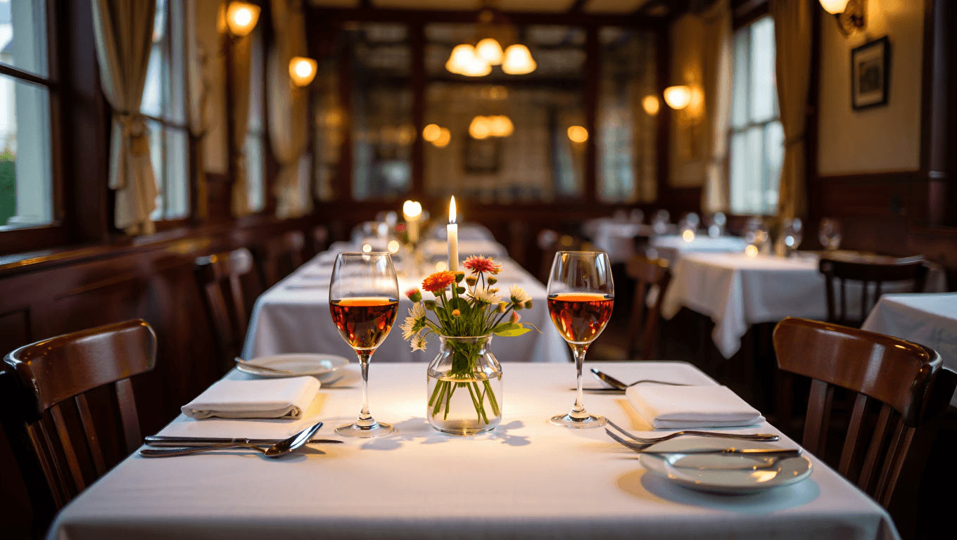 Cozy two-top table by candlelight with two glasses of red wine and a small bouquet