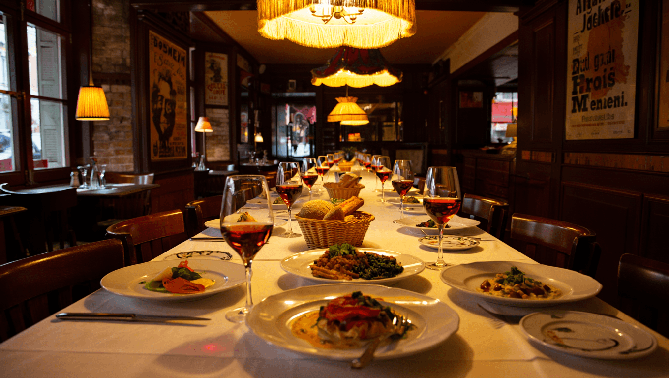 Long French bistro table set for a group with wine, bread, and shared plates in warm light
