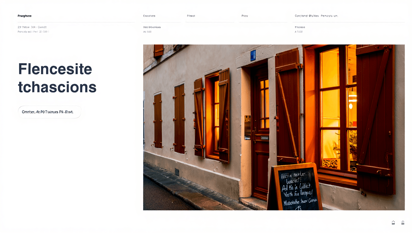 Warm French bistro façade at dusk with soft amber window light and a small chalkboard sign