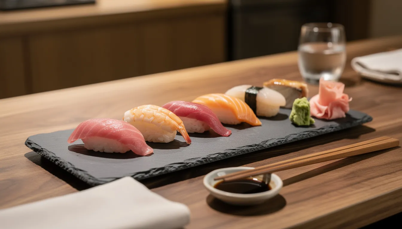 An omakase board of eight nigiri pieces laid in a neat line on a long slate plate with fresh wasabi and pickled ginger