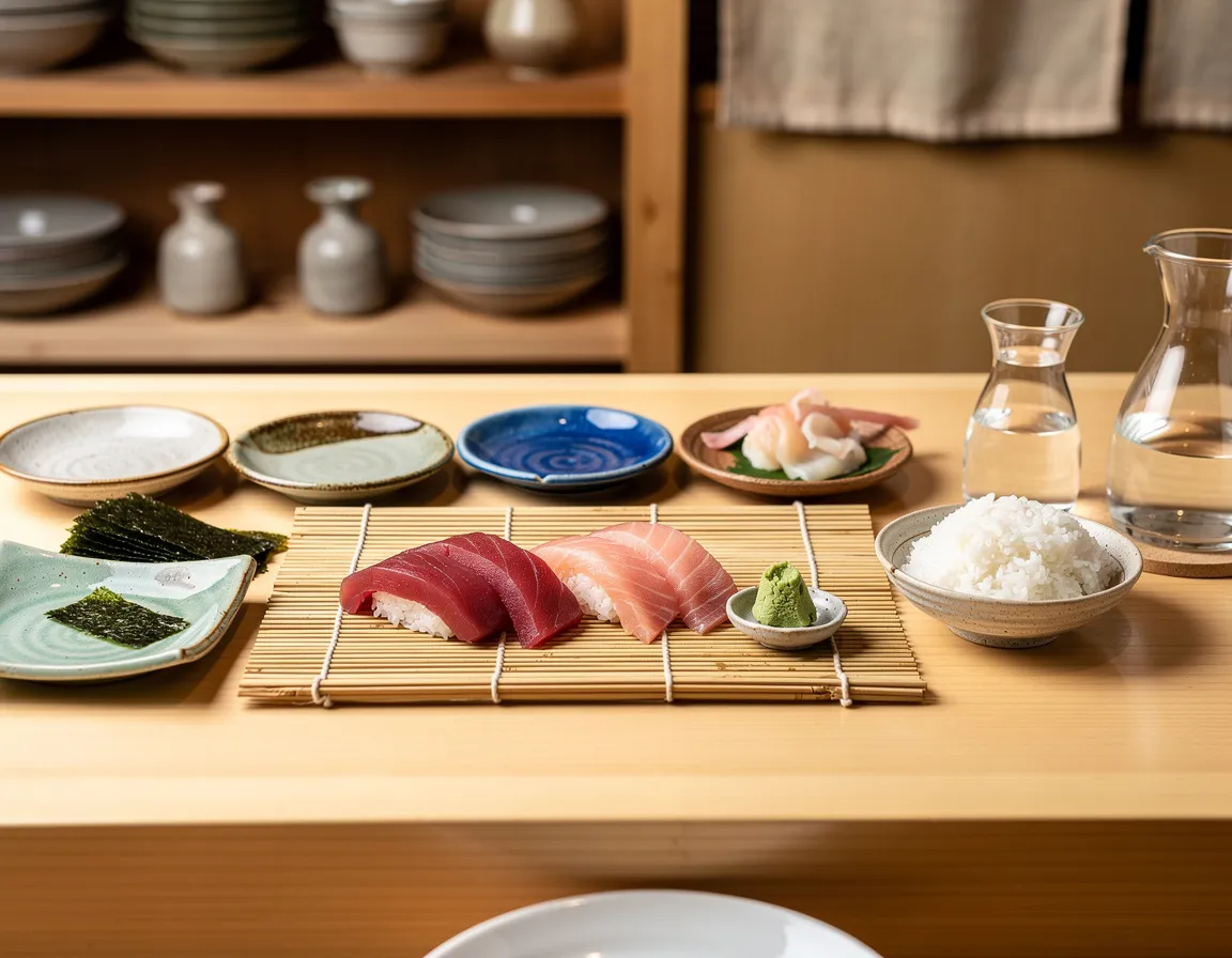 A polished hinoki wood sushi counter with a row of small ceramic plates and a bamboo mat catching soft morning light