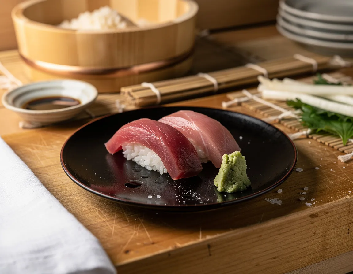 Two pieces of otoro fatty tuna nigiri with deep marbling resting on a black lacquer plate beside a small mound of fresh wasabi