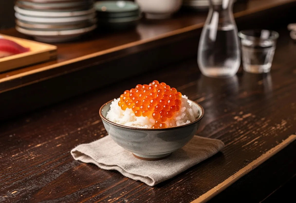 A bowl of glossy ikura salmon roe like amber beads piled over vinegared rice on a dark wooden counter