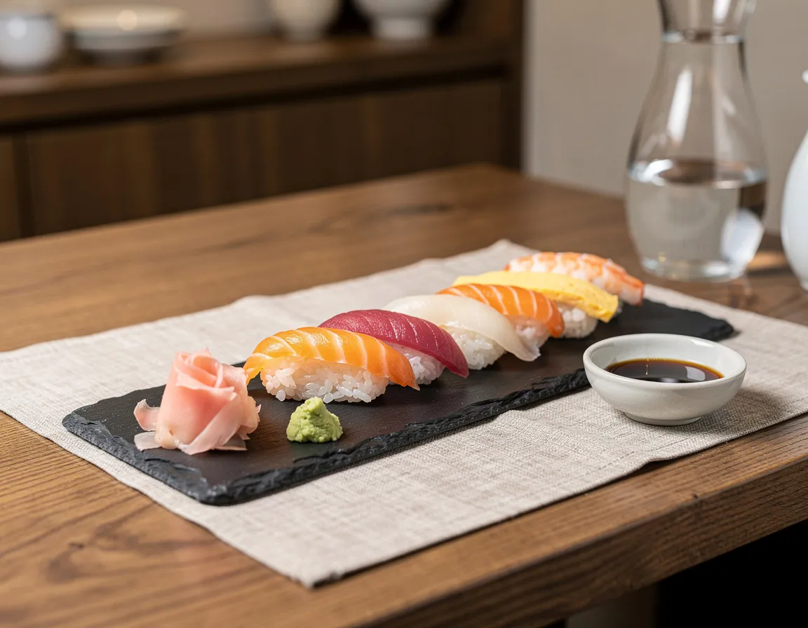 A long slate plate of assorted nigiri in a neat line with pickled ginger and a small ceramic soy dish