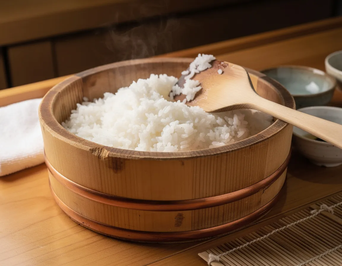 A hangiri wooden rice tub filled with freshly seasoned sushi rice, a wooden paddle resting across the rim