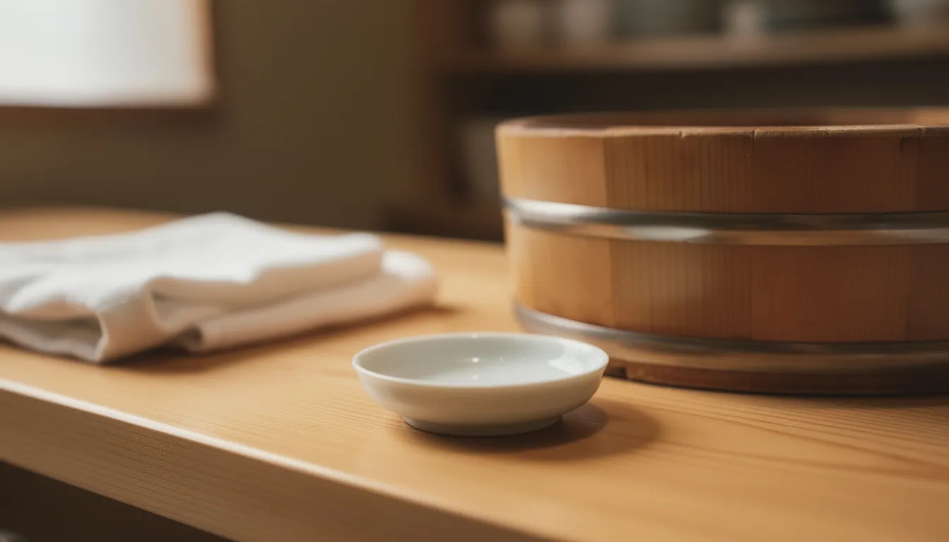 A quiet corner of the sushi counter at first light, a linen cloth, wooden rice tub and a single ceramic soy dish arranged on warm hinoki wood