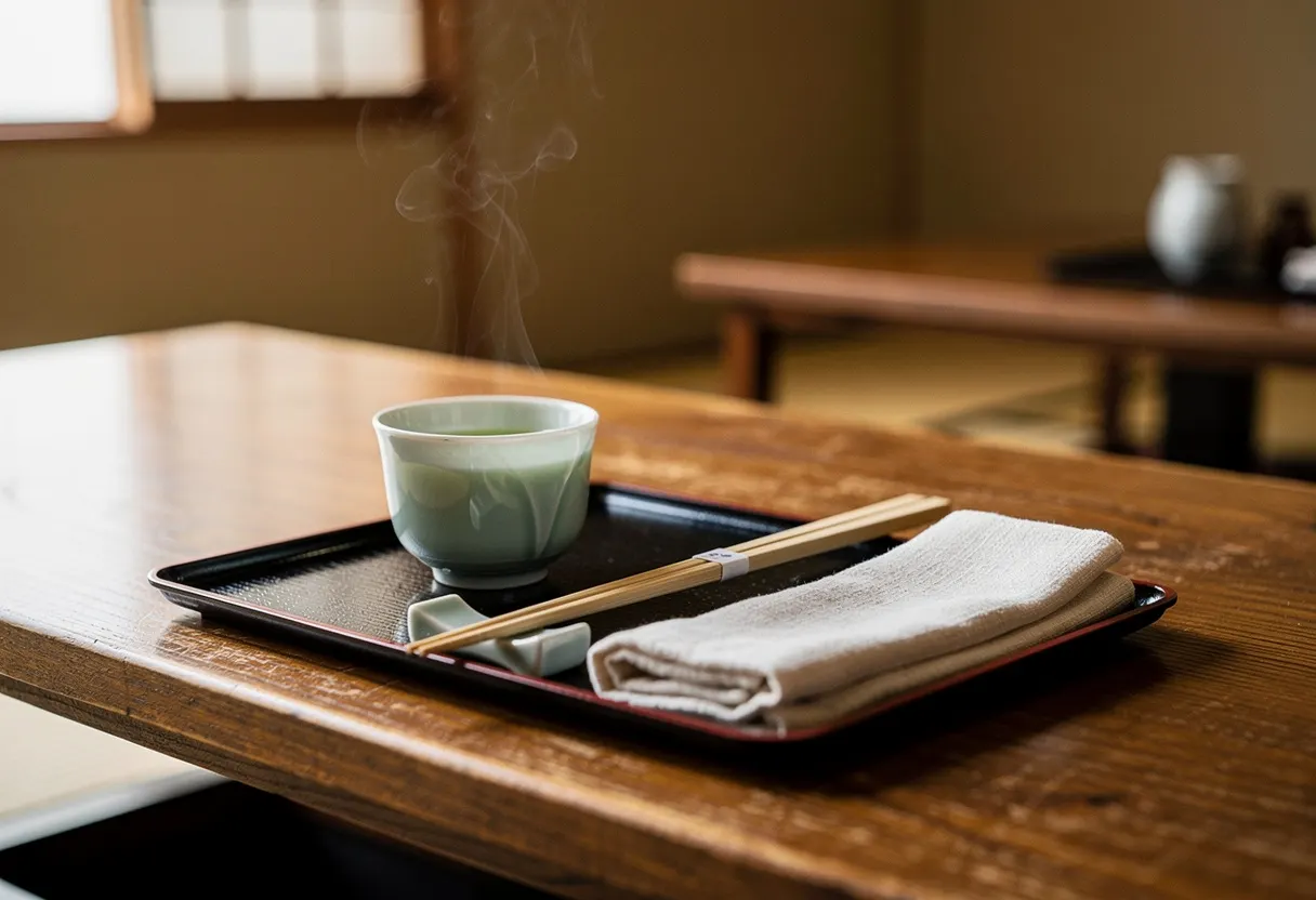 A low wooden table by the window set with a black lacquer tray, chopsticks on a rest and a small cup of green tea in soft daylight