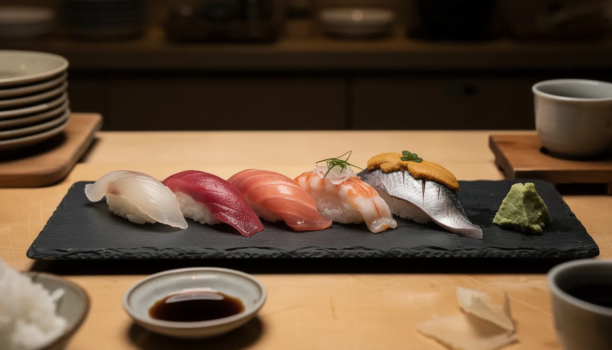 A nigiri omakase board of eight pieces arranged in a line on a long slate plate beside a mound of fresh wasabi, lit warmly against a dark background