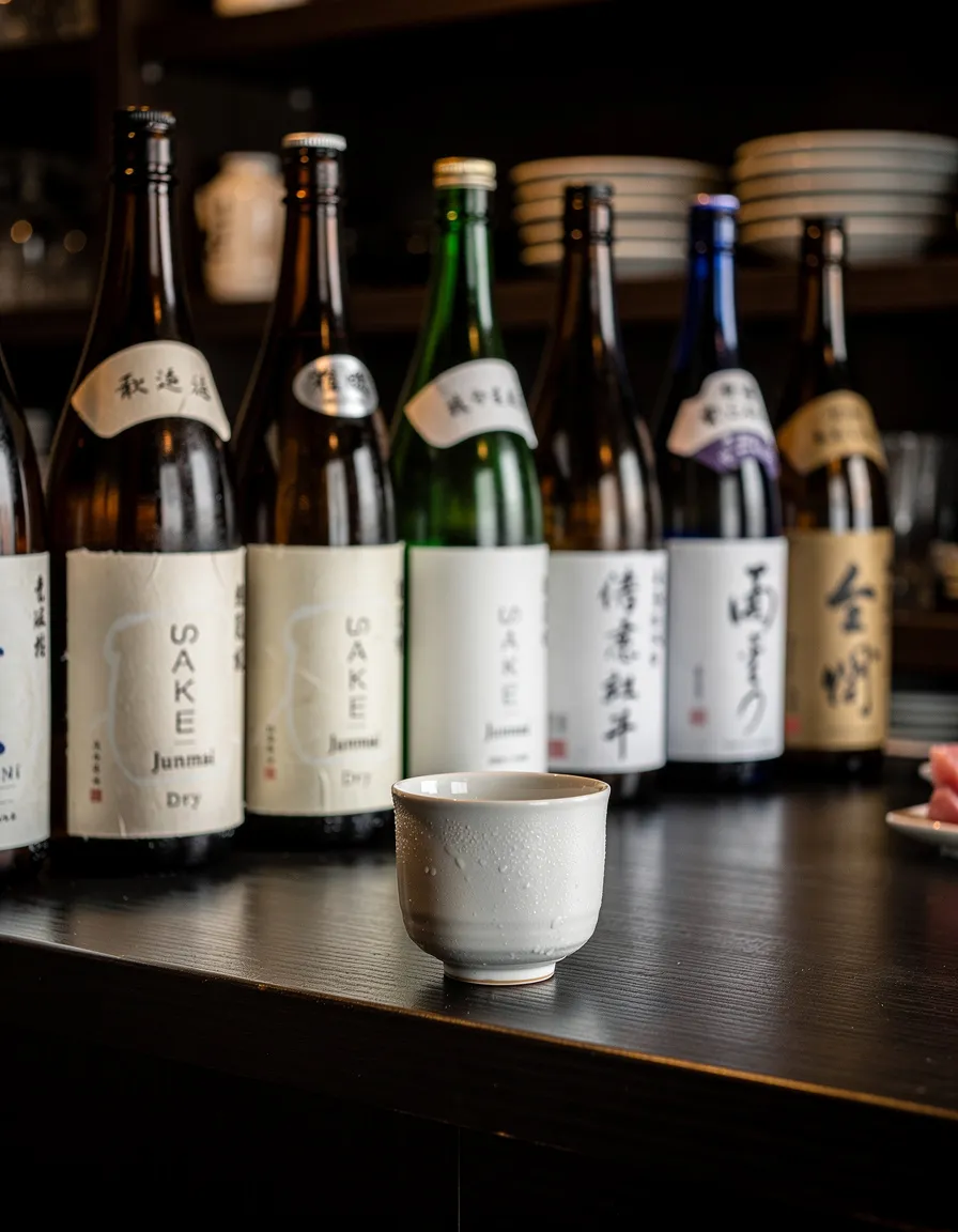 A row of sake bottles and a chilled ceramic ochoko cup on a dark wooden bar shelf