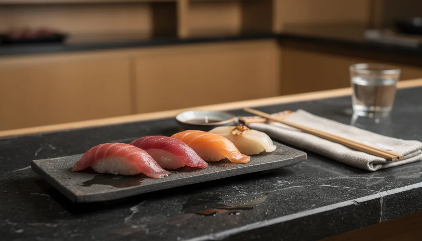 An omakase nigiri platter of glistening tuna, salmon and scallop sushi arranged on a dark stone counter