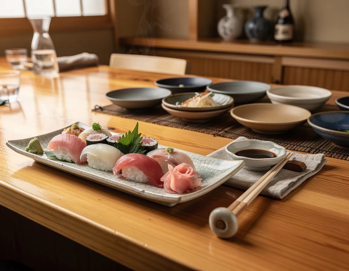 A polished hinoki wood sushi counter with a row of ceramic plates and a bamboo mat catching soft afternoon light