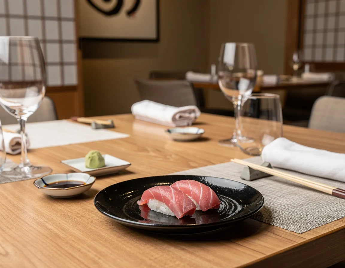 Two pieces of otoro fatty tuna nigiri with deep marbling resting on a black lacquer plate