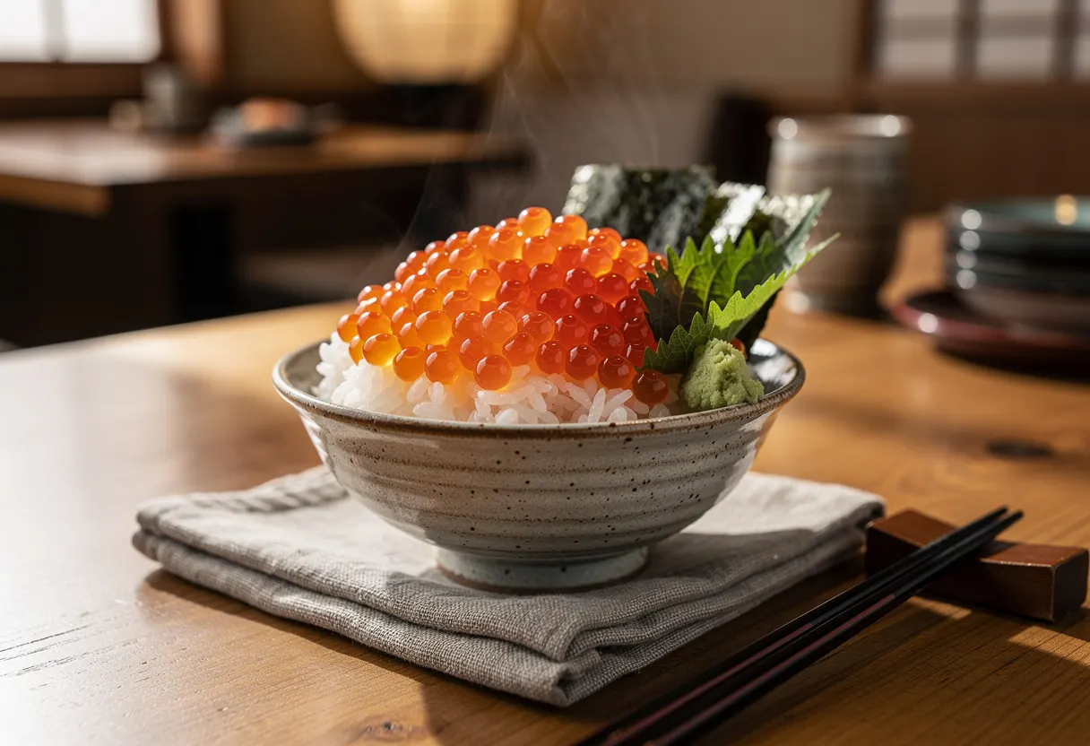 A bowl of ikura salmon roe glistening like amber beads over a bed of vinegared rice