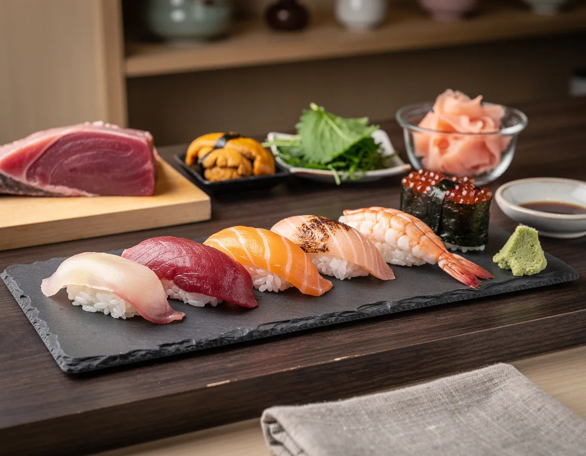 An omakase tasting board of eight nigiri pieces laid in a line on a long slate plate with fresh wasabi
