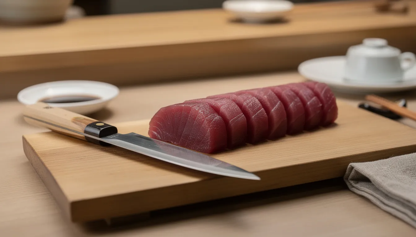 A close sushi chef's knife resting beside a row of freshly cut tuna slices on a wooden board