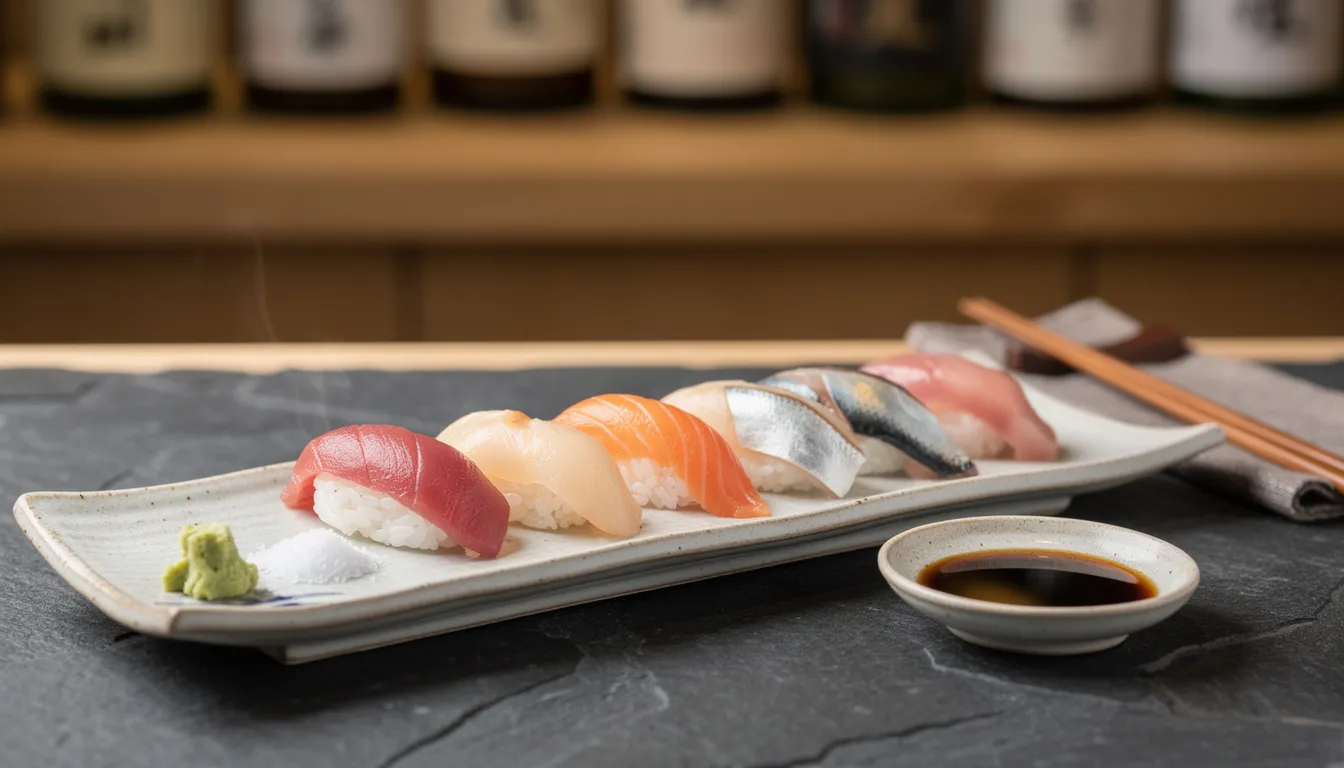A long omakase nigiri platter of glistening tuna, salmon, scallop and silver-skinned fish laid across a dark stone counter