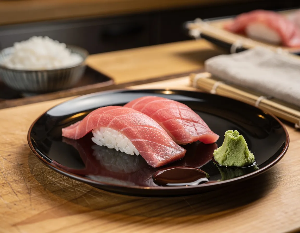 Two pieces of otoro fatty tuna nigiri with deep marbling resting on a black lacquer plate beside a small mound of fresh wasabi