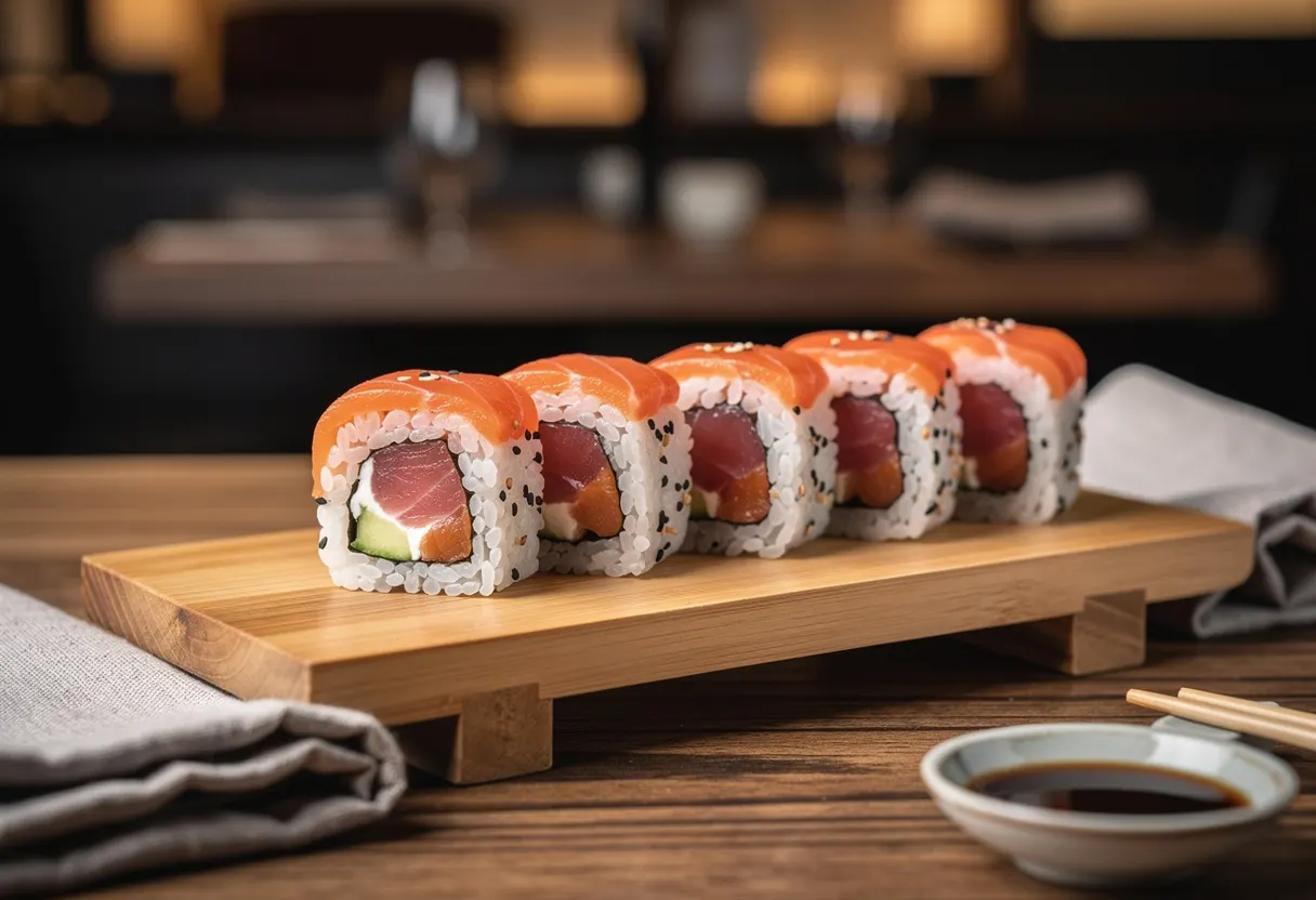 A row of freshly cut maki rolls showing rice and glossy fish cross-sections arranged on a wooden board