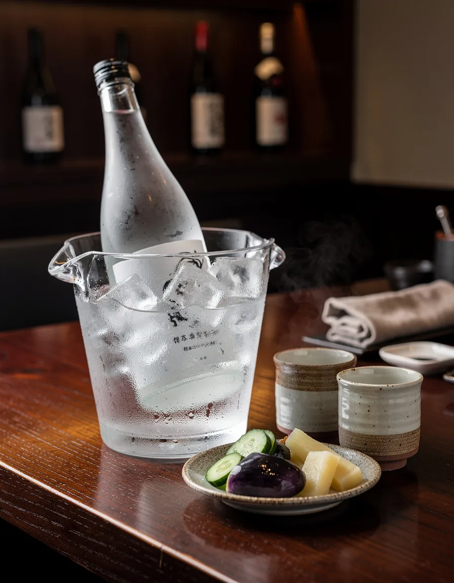 A dark wood bar corner with a chilled sake bottle in an ice bucket, two ceramic cups and a small ceramic plate of pickles