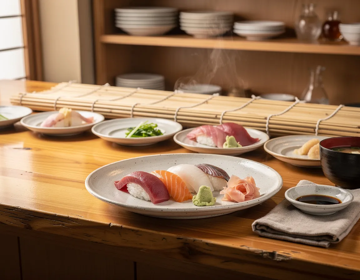 A polished hinoki wood sushi counter at quiet mid-morning, with ceramic plates set in a row and a bamboo mat catching soft light