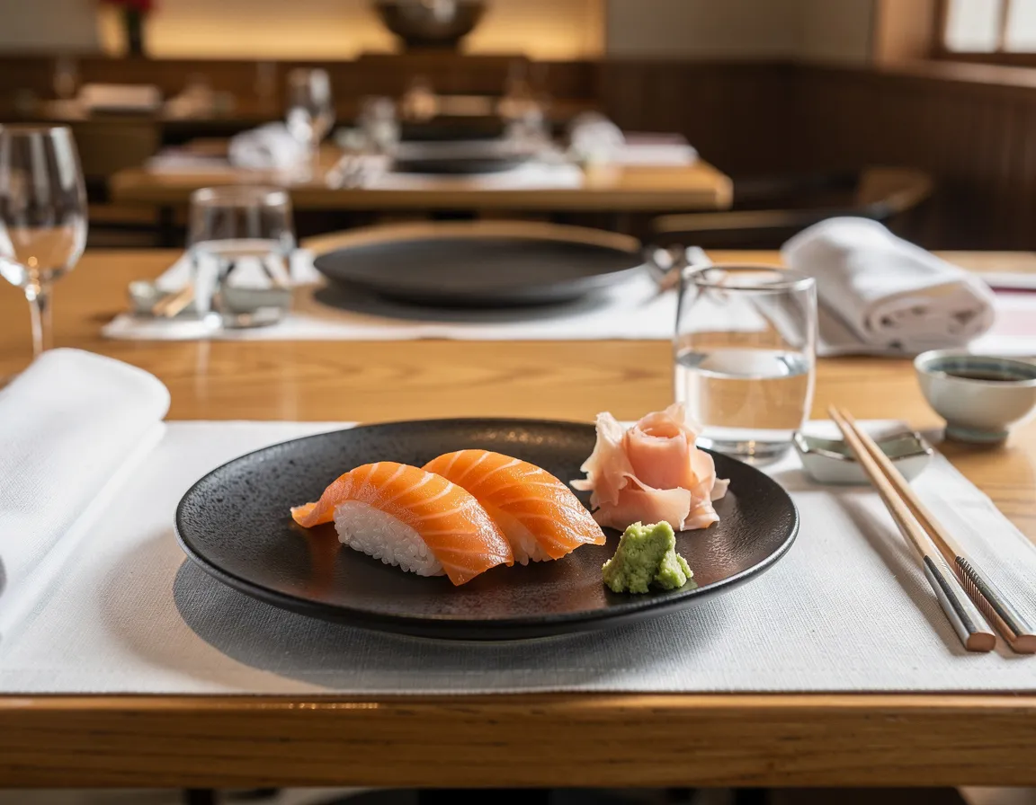 Two pieces of salmon nigiri on a black plate with a small mound of pickled ginger and wasabi