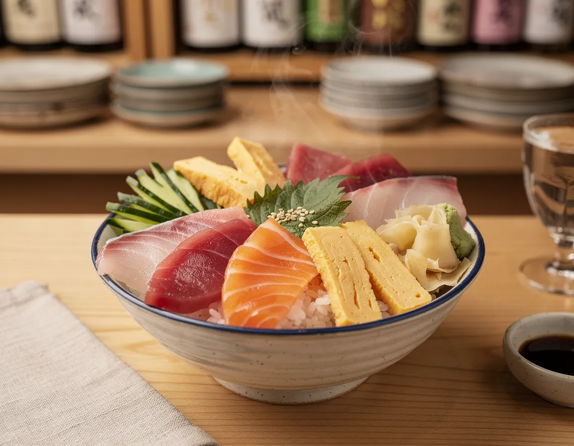 Chirashi bowl with slices of raw fish laid over sushi rice, with thin strips of egg and cucumber