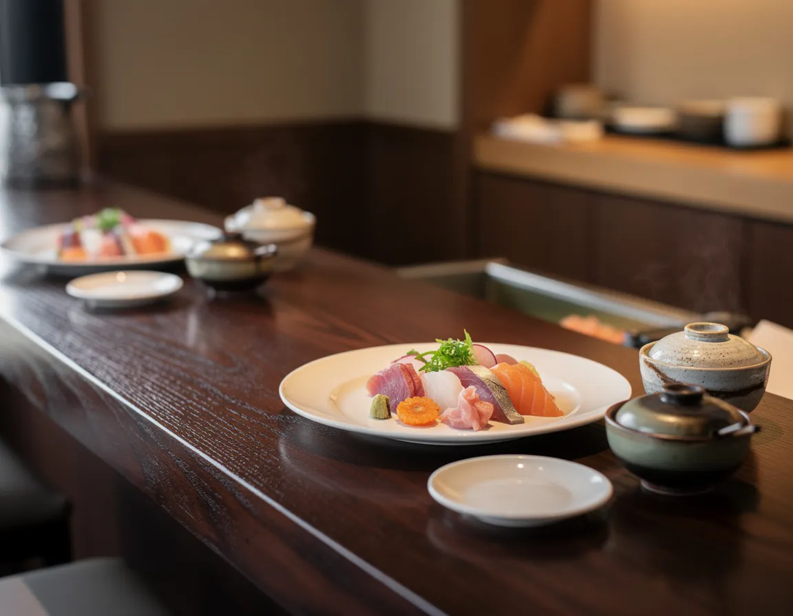 A dark wooden sushi counter set with small covered bowls and clean plates along the pass